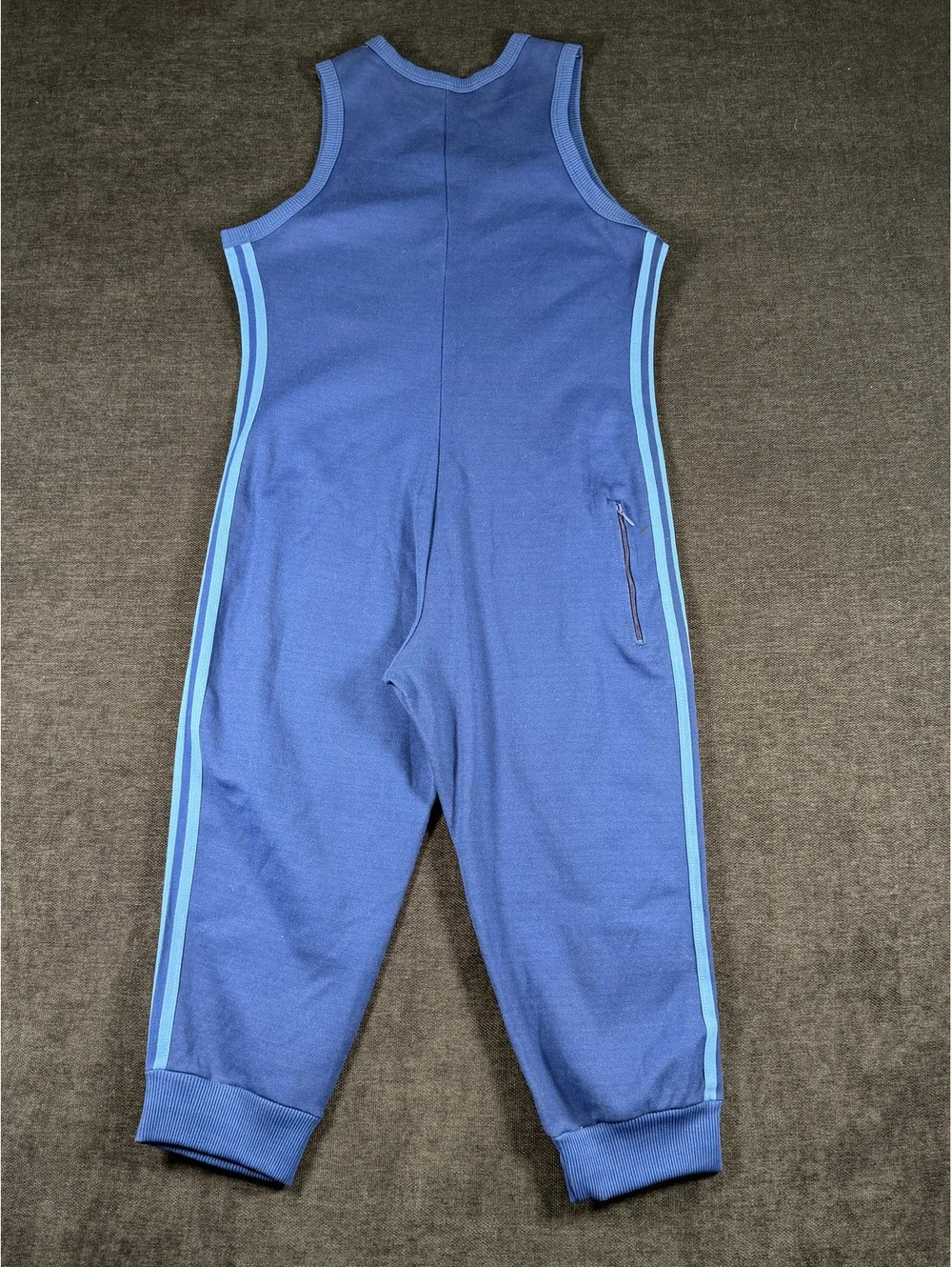 Vintage Adidas Sleeveless Blue Jumpsuit with Light Blue Stripes